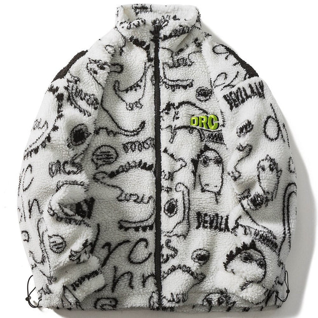 Lambswool Parkas Winter Jacket Men Dinosaur Graffiti Fuzzy Casual Fashion Hip Hop Baggy Oversized Coat Couple Outerwear-1