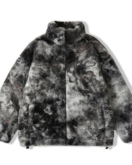 Faux Fur Fleece Winter Jacket Men Tie Dye Printed Fuzzy Jackets Casual Hip Hop Baggy Warm Zipper Coats Couple Outerwear-0