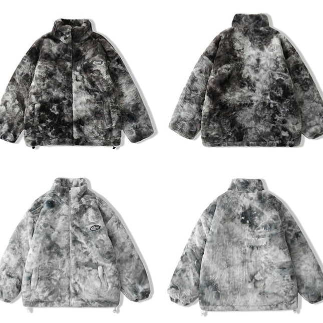 Faux Fur Fleece Winter Jacket Men Tie Dye Printed Fuzzy Jackets Casual Hip Hop Baggy Warm Zipper Coats Couple Outerwear-4