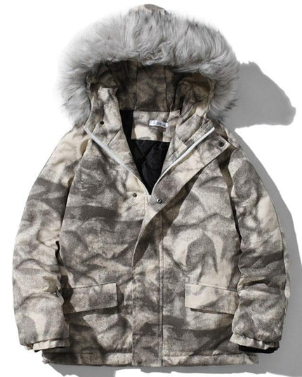 Hooded Parkas Winter Jacket Men Tie Dye Print Cargo Coats Jackets Retro Distressed Fashion Thicken Padded Outerwear Men-0