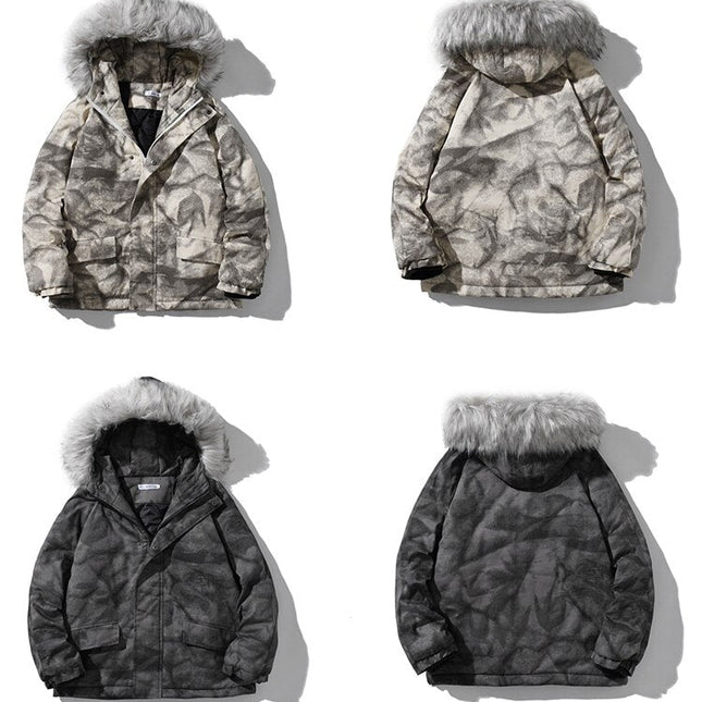 Hooded Parkas Winter Jacket Men Tie Dye Print Cargo Coats Jackets Retro Distressed Fashion Thicken Padded Outerwear Men-4
