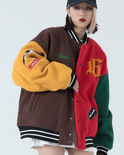 Men's winter jacket Color Block Patchwork Embroidery Thick Warm Baseball Jacket Couple High Street Coat Male Streetwear-4