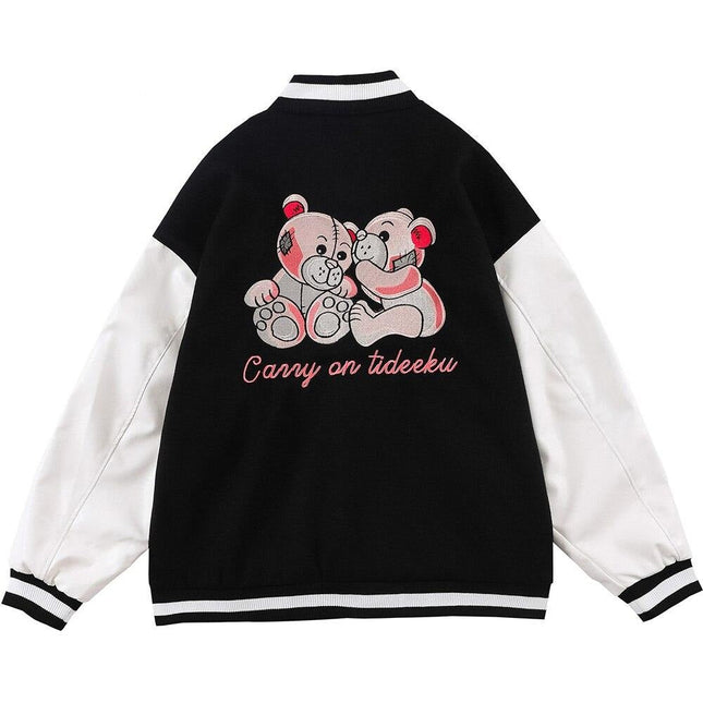 Varsity Jacket Men Bear Embroidery Patchwork Color Bomber Coats Couple Loose High Street Hipster Baseball Jacket Autumn-2