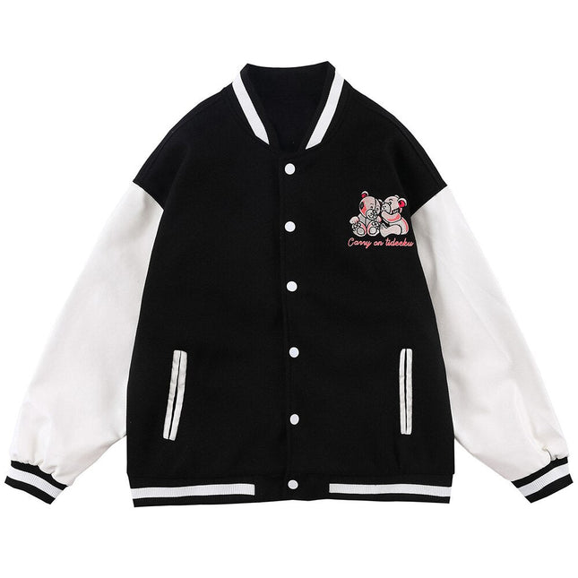Varsity Jacket Men Bear Embroidery Patchwork Color Bomber Coats Couple Loose High Street Hipster Baseball Jacket Autumn-3