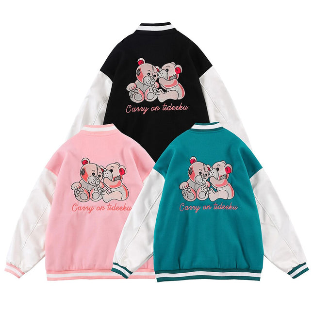 Varsity Jacket Men Bear Embroidery Patchwork Color Bomber Coats Couple Loose High Street Hipster Baseball Jacket Autumn-0