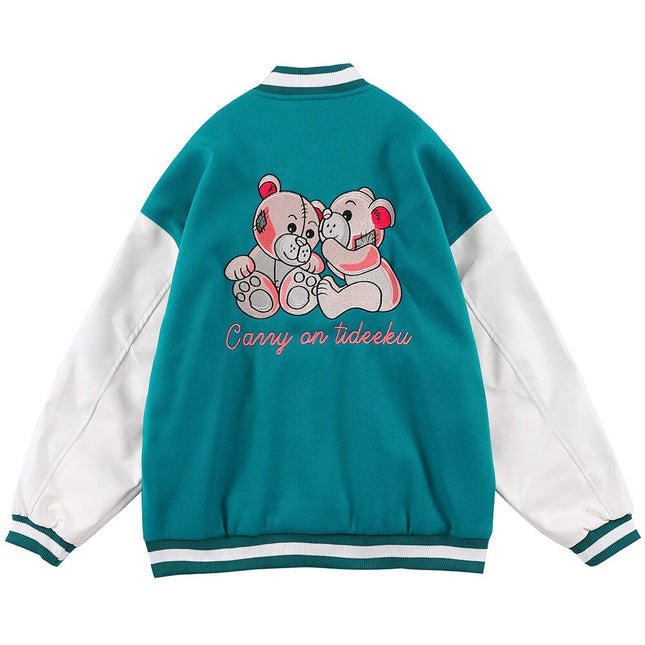 Varsity Jacket Men Bear Embroidery Patchwork Color Bomber Coats Couple Loose High Street Hipster Baseball Jacket Autumn-4