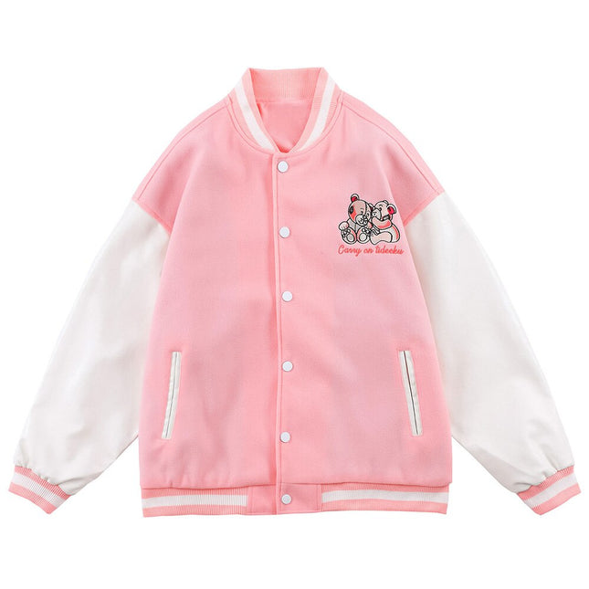 Varsity Jacket Men Bear Embroidery Patchwork Color Bomber Coats Couple Loose High Street Hipster Baseball Jacket Autumn-1