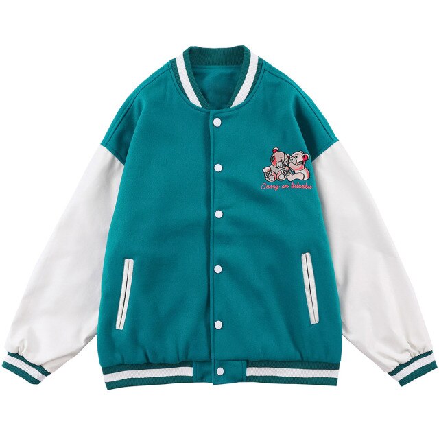 Varsity Jacket Men Bear Embroidery Patchwork Color Bomber Coats Couple Loose High Street Hipster Baseball Jacket Autumn-5
