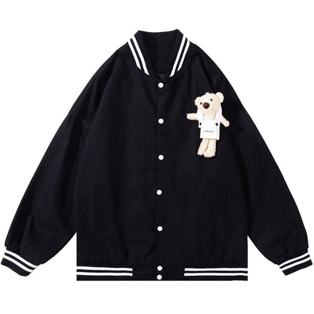 Track Jacket Men Cute Bear Furry Harajuku Letter Patch  Varsity Jacket College Style High Street Couple Coat Streetwear-0
