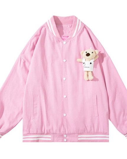 Track Jacket Men Cute Bear Furry Harajuku Letter Patch  Varsity Jacket College Style High Street Couple Coat Streetwear-5