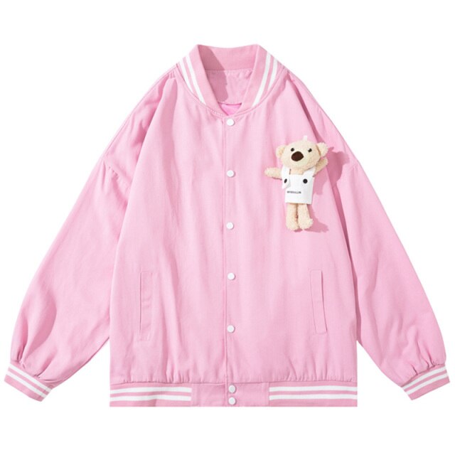 Track Jacket Men Cute Bear Furry Harajuku Letter Patch  Varsity Jacket College Style High Street Couple Coat Streetwear-5