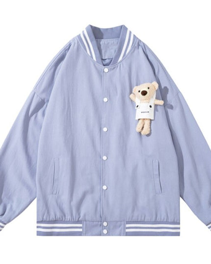 Track Jacket Men Cute Bear Furry Harajuku Letter Patch  Varsity Jacket College Style High Street Couple Coat Streetwear-3