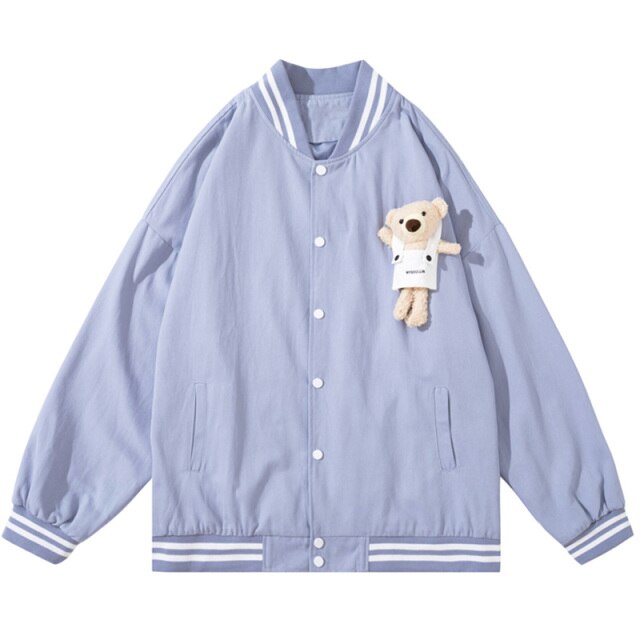 Track Jacket Men Cute Bear Furry Harajuku Letter Patch  Varsity Jacket College Style High Street Couple Coat Streetwear-3