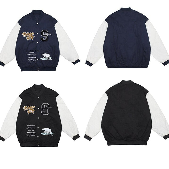 Winter Jacket Men Letter Animal Patch Embroidery Patchwork Thicken Coats Couple Baggy High Street College Style Outwear-4