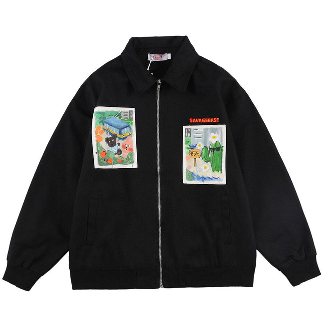 Jackets Men Cartoon Bear Graffiti Letter Print Turn-down Collar Coats Varsity Japanese Fashion All-match Outwear Couple-2