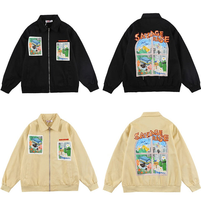 Jackets Men Cartoon Bear Graffiti Letter Print Turn-down Collar Coats Varsity Japanese Fashion All-match Outwear Couple-4