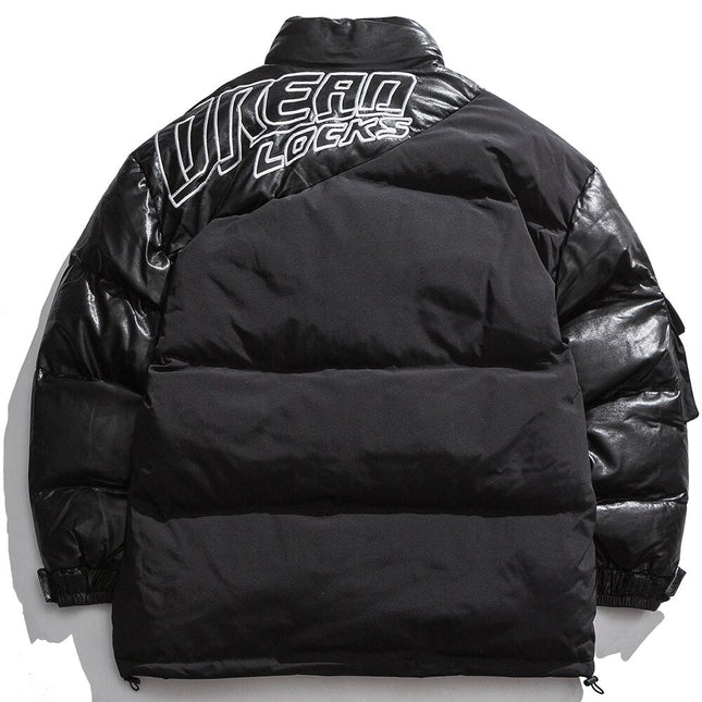 Parka Jacket Men Embroidery Patchwork Pocket Cotton Coat Winter Fashion High Street Cool Warm Cozy Zipper Outwear Black-1