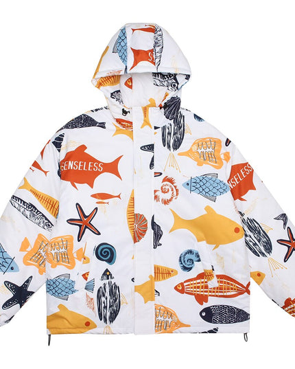 Winter Jacket Men Colorful Cartoon Fish Print Hooded Coat Zipper Casual High Street Harajuku Windbreaker Couple Outwear-2