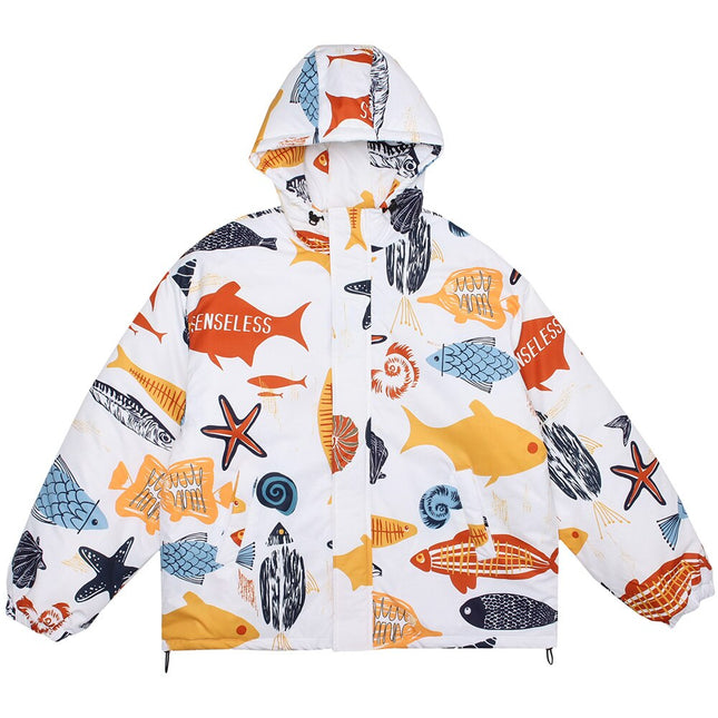 Winter Jacket Men Colorful Cartoon Fish Print Hooded Coat Zipper Casual High Street Harajuku Windbreaker Couple Outwear-2