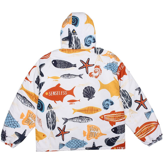 Winter Jacket Men Colorful Cartoon Fish Print Hooded Coat Zipper Casual High Street Harajuku Windbreaker Couple Outwear-3