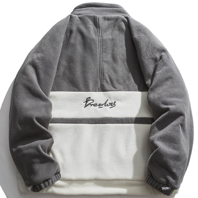 Jacket Men Letter Embroidery Color Block Soft Cozy Zipper Coats Unisex Casual Retro Simple Fashion Thick Outwear Winter-1