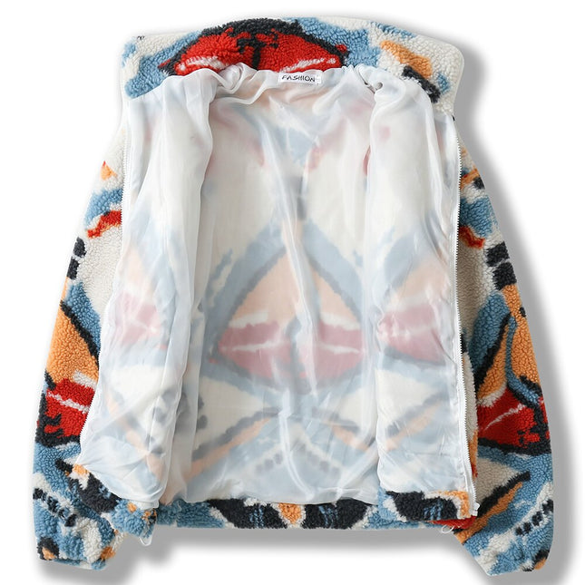 Lambswool Winter Jacket Men Colorful Tie Dye Pockets Zipper Furry Coats Couple Harajuku Fashion Warm Outwear Streetwear-2