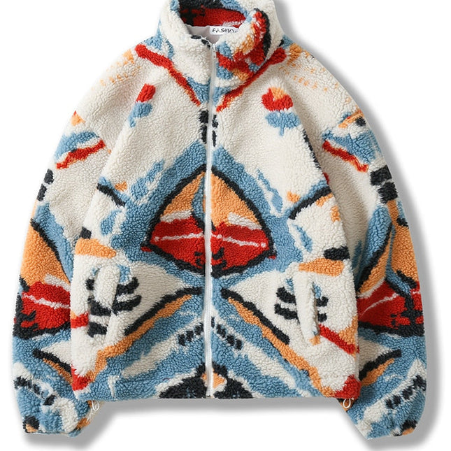 Lambswool Winter Jacket Men Colorful Tie Dye Pockets Zipper Furry Coats Couple Harajuku Fashion Warm Outwear Streetwear-0