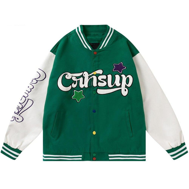 Patchwork Color Furry Embroidery Baseball Jackets Men Autumn Vintage High Street Harajuku Baggy Bomber Coats Streetwear-0