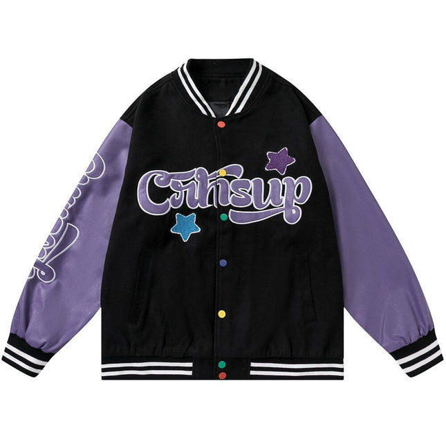Patchwork Color Furry Embroidery Baseball Jackets Men Autumn Vintage High Street Harajuku Baggy Bomber Coats Streetwear-2