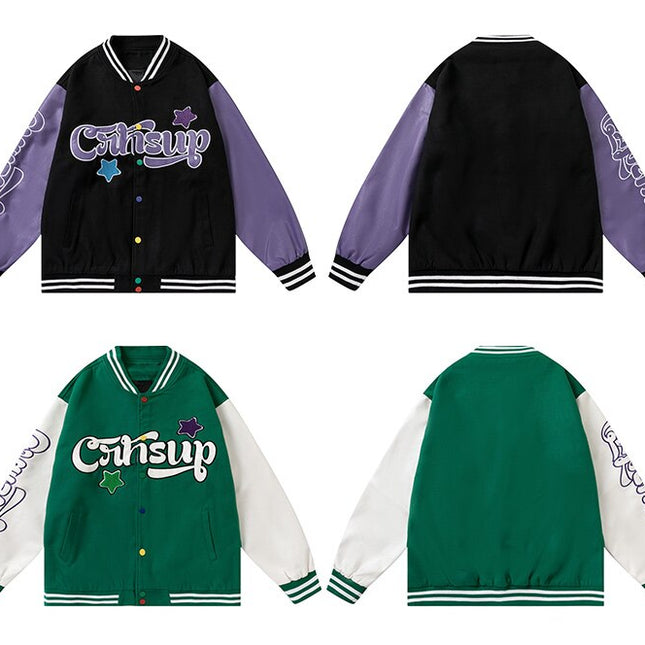 Patchwork Color Furry Embroidery Baseball Jackets Men Autumn Vintage High Street Harajuku Baggy Bomber Coats Streetwear-4