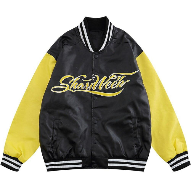 Leather Baseball Jacket Men Patchwork Color Embroidery Casual Oversized Vintage High Street Hipster Bomber Coats Autumn-0