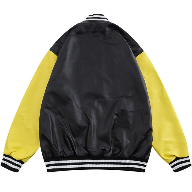 Leather Baseball Jacket Men Patchwork Color Embroidery Casual Oversized Vintage High Street Hipster Bomber Coats Autumn-1