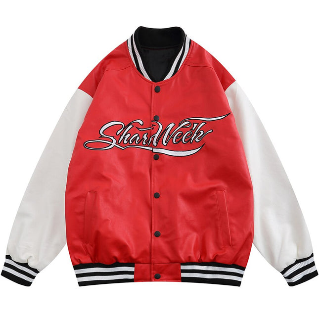 Leather Baseball Jacket Men Patchwork Color Embroidery Casual Oversized Vintage High Street Hipster Bomber Coats Autumn-2