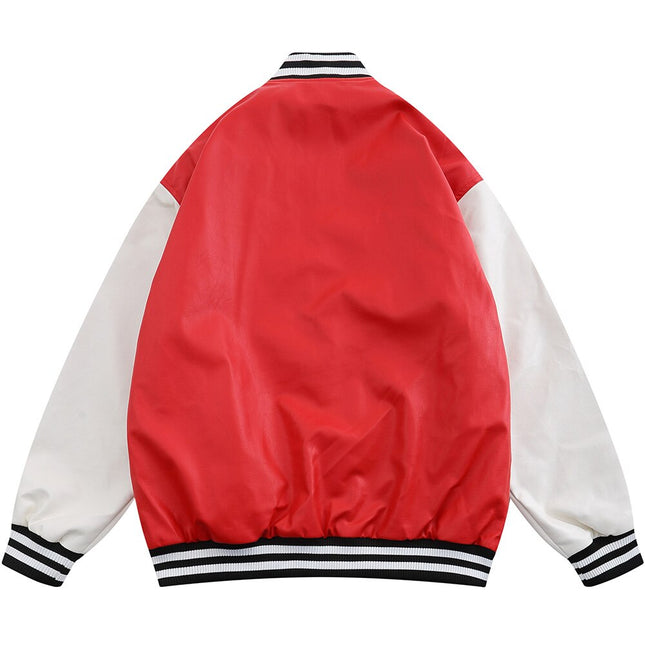 Leather Baseball Jacket Men Patchwork Color Embroidery Casual Oversized Vintage High Street Hipster Bomber Coats Autumn-3