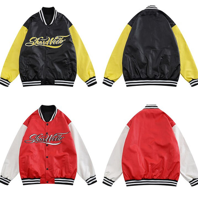 Leather Baseball Jacket Men Patchwork Color Embroidery Casual Oversized Vintage High Street Hipster Bomber Coats Autumn-4