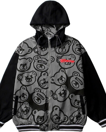 Jacket Men Cartoon Cute Bear Full Print Patchwork Sleeve Coat Casual Cozy Japanese Retro Funny College Style Streetwear-0