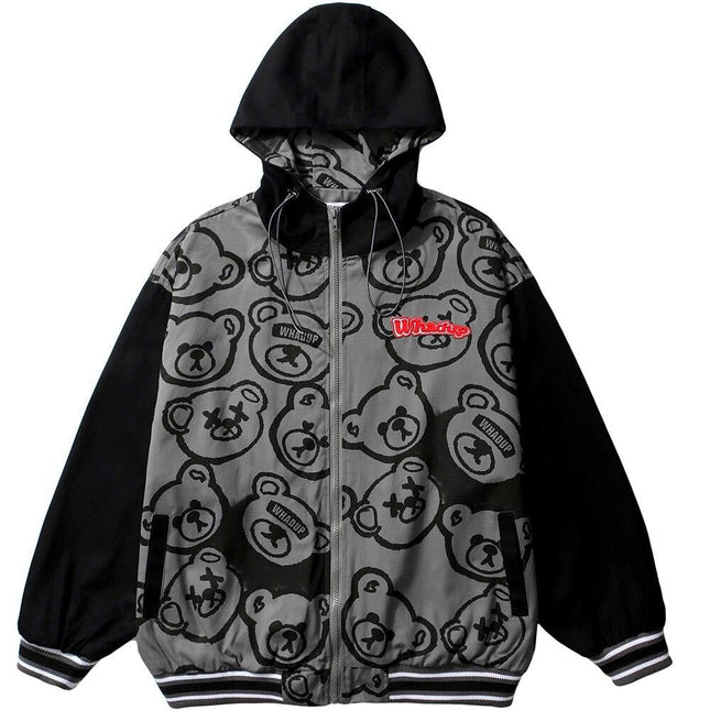 Jacket Men Cartoon Cute Bear Full Print Patchwork Sleeve Coat Casual Cozy Japanese Retro Funny College Style Streetwear-0