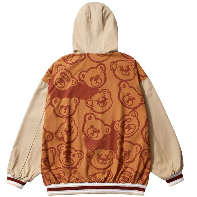 Jacket Men Cartoon Cute Bear Full Print Patchwork Sleeve Coat Casual Cozy Japanese Retro Funny College Style Streetwear-2