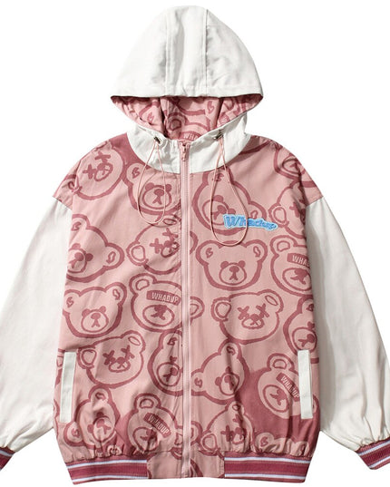 Jacket Men Cartoon Cute Bear Full Print Patchwork Sleeve Coat Casual Cozy Japanese Retro Funny College Style Streetwear-4
