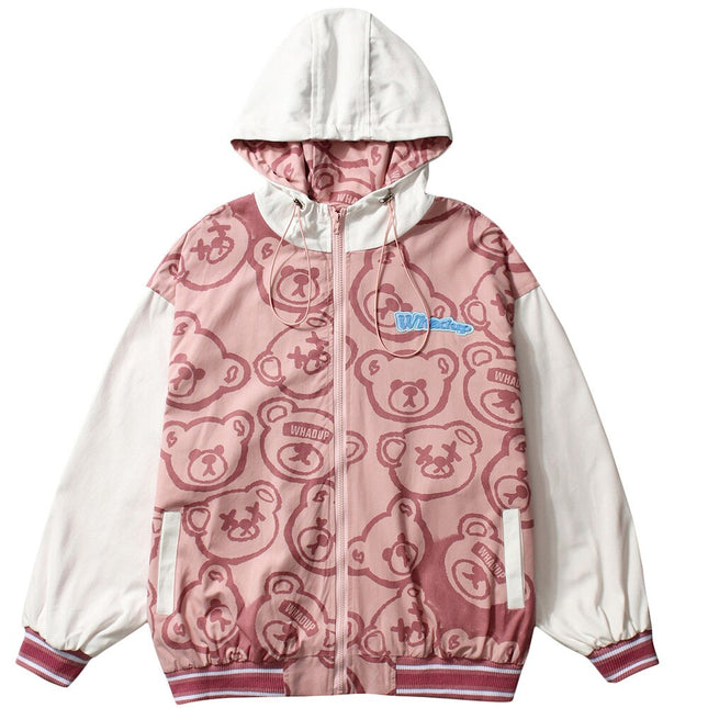 Jacket Men Cartoon Cute Bear Full Print Patchwork Sleeve Coat Casual Cozy Japanese Retro Funny College Style Streetwear-4