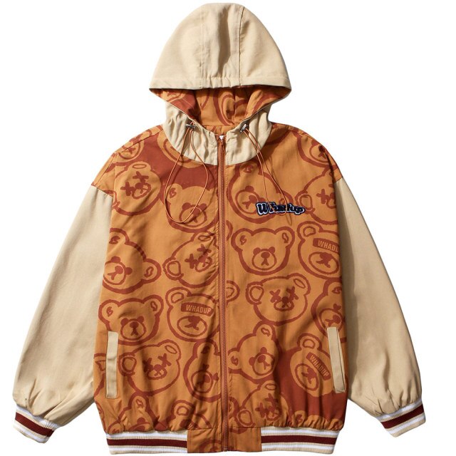 Jacket Men Cartoon Cute Bear Full Print Patchwork Sleeve Coat Casual Cozy Japanese Retro Funny College Style Streetwear-3