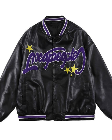 Jacket Men Furry Letter Star Leather Oversized Bomber Coats Couple All-match College Style High Street Baseball Outwear-0