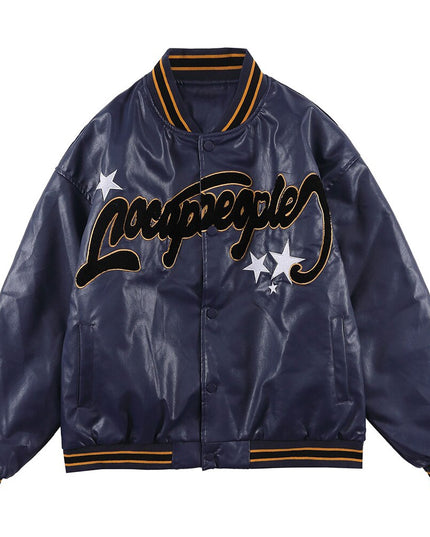 Jacket Men Furry Letter Star Leather Oversized Bomber Coats Couple All-match College Style High Street Baseball Outwear-3