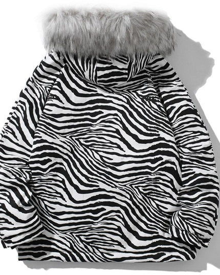 Parka Jacket Men Zebra Striped Print Thick Hooded Jackets Coat Loose Casual Retro Hip Hop Fashion Padded Outwear Winter-1