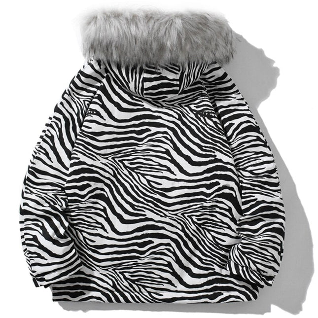 Parka Jacket Men Zebra Striped Print Thick Hooded Jackets Coat Loose Casual Retro Hip Hop Fashion Padded Outwear Winter-1