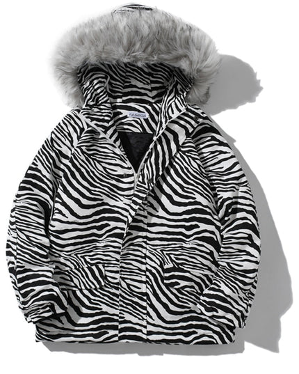 Parka Jacket Men Zebra Striped Print Thick Hooded Jackets Coat Loose Casual Retro Hip Hop Fashion Padded Outwear Winter-0
