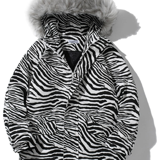 Parka Jacket Men Zebra Striped Print Thick Hooded Jackets Coat Loose Casual Retro Hip Hop Fashion Padded Outwear Winter-0