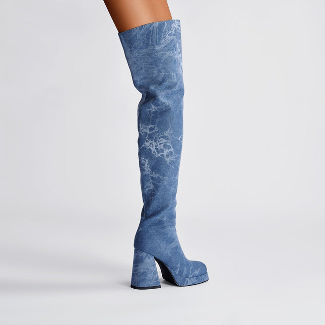 Relaxed Fit Round Toe Denim Knee High Boots-1