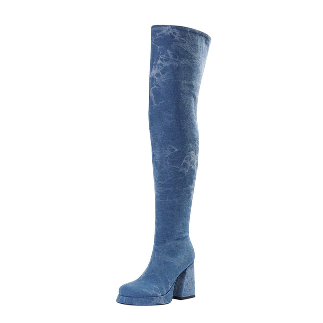 Relaxed Fit Round Toe Denim Knee High Boots-2