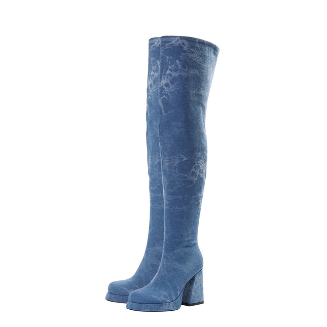 Relaxed Fit Round Toe Denim Knee High Boots-3